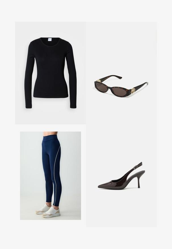 Maglietta nera a maniche lunghe realizzata in un tessuto misto cotone, con scollatura rotonda e design aderente, priva di motivi o grafiche visibili.; Leggings blu navy con vita alta, caratterizzati da una dettagliatura laterale bianca, realizzati in materiale elastico. Abbinati a sneakers bianche e beige.; Scarpa con tacco alto tipo slingback in pelle verniciata marrone scuro lucido, punta affusolata, lati aperti e cinturino alla caviglia regolabile.; Occhiali da sole tartarugati con lenti ovali allungate, tonalità marrone, accenti dorati con logo sulle tempie e aste nere eleganti.; Borsa bordeaux con silhouette curva e manico corto, dotata di una zip dorata e di un logo Calvin Klein discreto sul davanti.