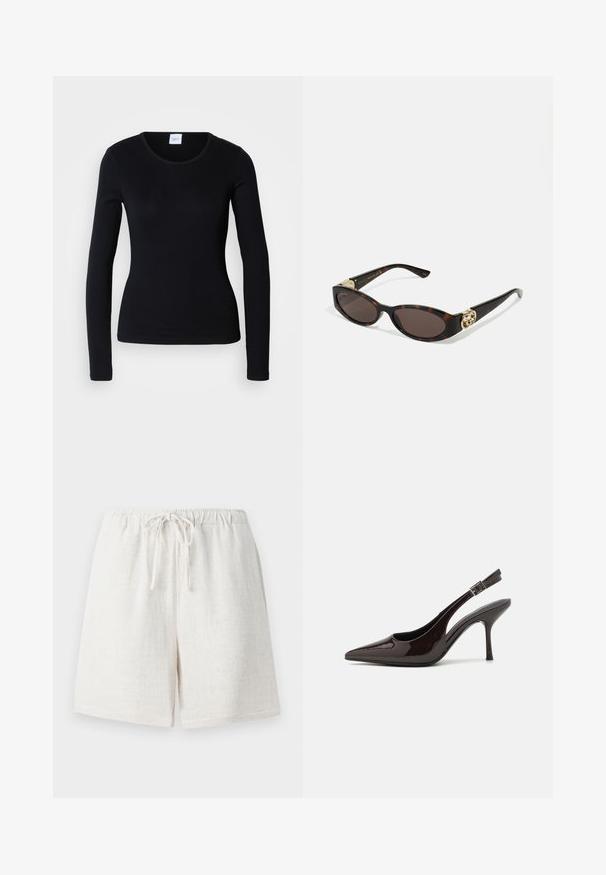 Maglietta nera a maniche lunghe realizzata in un tessuto misto cotone, con scollatura rotonda e design aderente, priva di motivi o grafiche visibili.; Pantaloni shorts in lino di colore bianco crema con vita elasticizzata e coulisse. Presentano una superficie testurizzata e un design morbido.; Scarpa con tacco alto tipo slingback in pelle verniciata marrone scuro lucido, punta affusolata, lati aperti e cinturino alla caviglia regolabile.; Occhiali da sole tartarugati con lenti ovali allungate, tonalità marrone, accenti dorati con logo sulle tempie e aste nere eleganti.; Borsa bordeaux con silhouette curva e manico corto, dotata di una zip dorata e di un logo Calvin Klein discreto sul davanti.