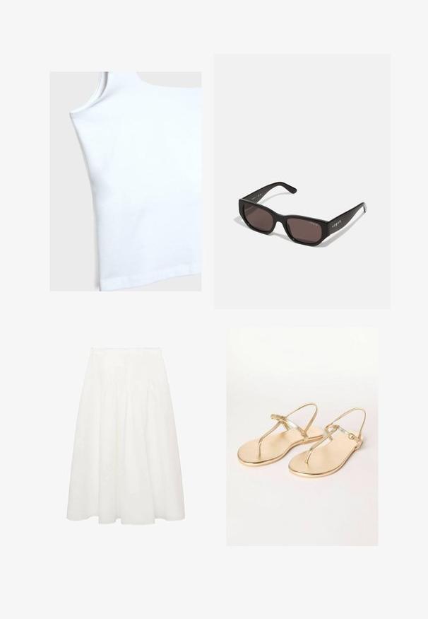 Biały, bawełniany top na ramiączkach z okrągłym dekoltem, krótkimi otworami na rękawy i prostym wykończeniem. Tkanina wydaje się gładka i lekko elastyczna.; Biała midi spódnica wykonana z lekkiego materiału, z dopasowaną talią i miękkimi fałdami dodającymi objętości. Gładka, płynna tekstura bez wzorów.; Friends Like These REGULAR FIT złoty; Czarne prostokątne okulary przeciwsłoneczne z ciemnymi soczewkami. Posiadają gładki plastikowy szkielet i detal z logo na zauszniku. Czysty, nowoczesny design.; Beżowa torba na ramię wykonana z płótna z powtarzającym się wzorem logo MK, złotymi elementami metalowymi i łańcuszkowym paskiem. Posiada zamek błyskawiczny oraz skórzane akcenty.; Bransoletka w kolorze złotym o gładkiej powierzchni z teksturowanym wnętrzem. Charakteryzuje się szerokim, zaokrąglonym kształtem z otwartym wycięciem z jednej strony.