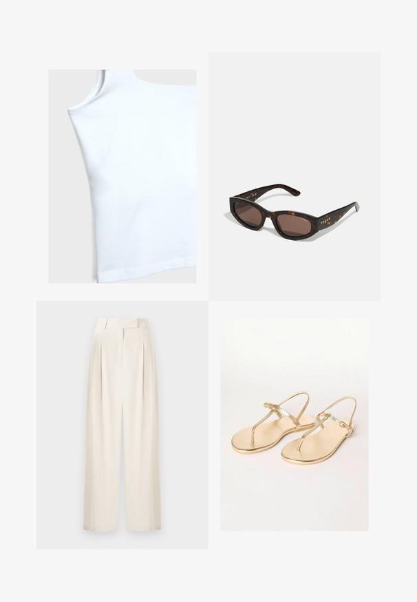 Witte katoenen tanktop met een ronde halslijn, korte armsgaten en een rechte zoom. De stof lijkt glad en iets rekbaar.; Crème-kleurige wijde broek van textuurstof, met een hoge taille, plooien en een rechte snit.; Friends Like These REGULAR FIT - TOE THONG FIT - Teensandalen - gold; Bruine schildpadzonnebril met een rechthoekige vorm, donkerbruine lenzen en gouden 'vogue'-branding op de pootjes.; Metalen gouden schoudertas met een gebogen vorm, een gladde textuur, een platte schouderband en een decoratieve gesp detail aan de voorkant.; Gouden bangle met een gladde buitenkant en een gestructureerde binnenkant. Kenmerkt zich door een brede, ronde vorm met een open uitsparing aan één kant.