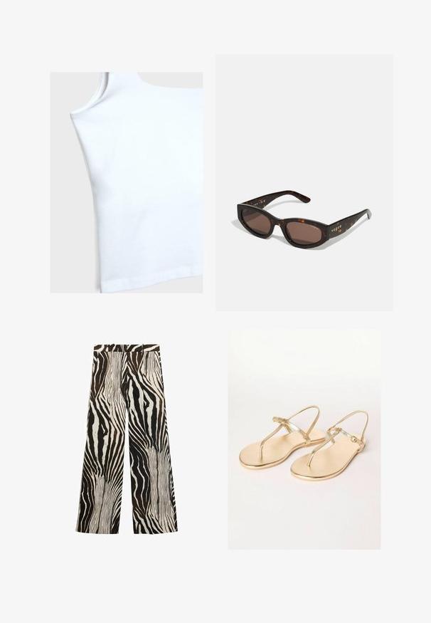 Canottiera bianca in cotone con scollo a giro, aperture delle braccia corte e orlo dritto. Il tessuto appare liscio e leggermente elasticizzato.; Pantaloni a gamba larga con una stampa zebrata audace in bianco e nero con accenti marroni; realizzati in tessuto leggero, dalla texture liscia.; Friends Like These REGULAR FIT - TOE THONG FIT - Infradito - gold; Occhiali da sole tartarugati marroni con forma rettangolare, lenti marroni scure e brandizzazione "vogue" in oro sulle aste.; Borsa a spalla in metallo dorato con forma curvata, texture liscia, tracolla piatta e dettaglio decorativo con fibbia sul davanti.; Bracciale in tonalità oro con un esterno liscio e un interno texturizzato. Presenta un design ampio e arrotondato con un'apertura su un lato.