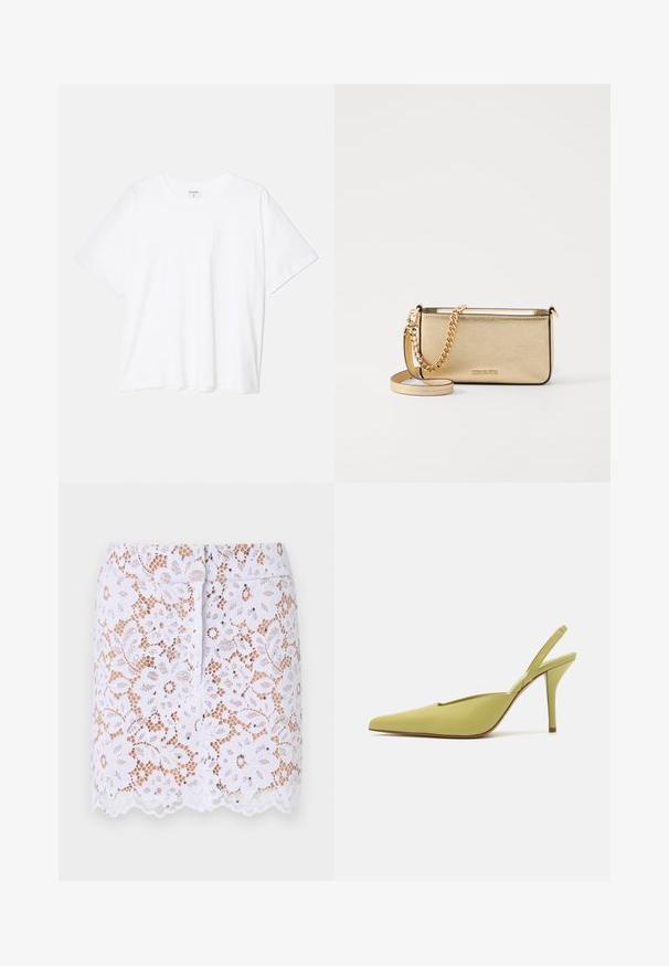 Camiseta de algodón blanca con mangas cortas, escote redondo, corte relajado y dobladillo cosido. Etiqueta visible en el interior del cuello.; Falda blanca de encaje con un patrón floral, dobladillo en forma de pico y adornos discretos. Presenta un diseño ajustado y cremallera trasera oculta.; GIABORGHINI OCTAVIE - Zapatos altos - green; Clutch de cuero dorado metálico con acabado texturizado, que cuenta con una correa de cadena dorada y una correa de hombro desmontable. Logo de la marca grabado.