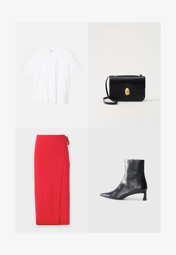 Balta medvilnės marškinėliai trumpomis rankovėmis, apvalia iškirpte, laisvo kirpimo ir su siūtu kraštu. Etiketė matoma vidinėje iškirptės pusėje.; Raudona raibota mezgimo midi sijonas su šoniniu įpjovimu, su raišteliu juosmens srityje. Lygus tekstūra su prigludusia siluetu.; Juodas odinis kulkšninis batas su smailiu pirštu ir elegantišku dizainu. Turi žemą kulną ir užtrauktuką gale. Lygi tekstūra.; Juodas odinis rankinukas su struktūrine stačiakampio forma. Yra auksinė ovali sagtis ir plona petneša. Glotni tekstūra.