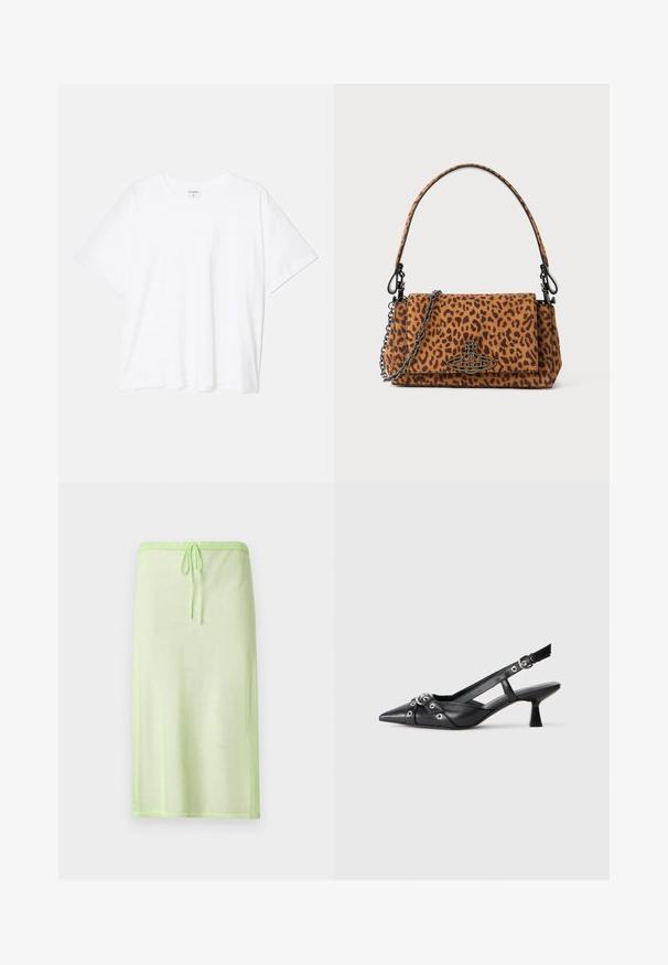Bílý bavlněný tričko s krátkým rukávem, kulatým výstřihem, volným střihem a šitým lemem. Nálepka viditelná na vnitřní straně výstřihu.; Světlezelená průhledná sukně s nastavitelným pasem, hladkým povrchem a jednoduchým designem. Délka sahá pod kolena.; Černé kožené slingback boty s špičatou špičkou, dekorativními pásky s kovovými očky a nízkým blokovým podpatkem. Texturovaný povrch.; Kabelka s leopardím potiskem vyrobená z semiše, s krátkým uchom, řetízkovým popruhem a černým kovovým zapínáním. Obdélníkový tvar s klopou.