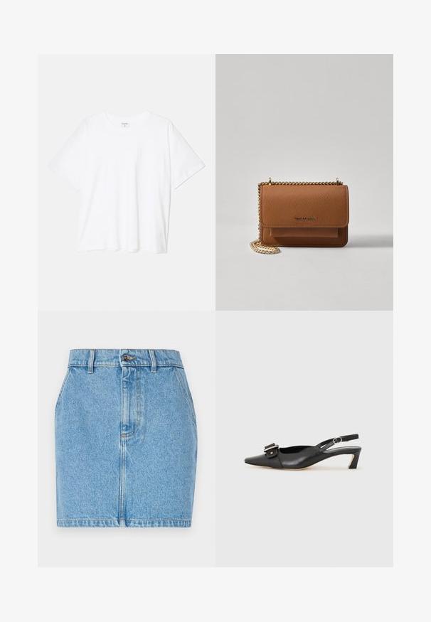 Bela bombažna majica s kratkimi rokavi, okroglim izrezom, sproščenim krojem in šivanim robom. Oznaka vidna na notranji strani izreza.; Denimska krila v svetlo modri barvi, ki se ponaša z prilegajočo se zasnovo, petimi žepi in kontrastnim šivanjem. Material ima teksturiran zaključek.; Črne usnjene slingback čevlje z ostrim nosom, majhnim petam in dekorativno sponko na zgornjem delu. Gladka tekstura, minimalistična zasnova.; Rjava teksturirana usnjena torba čez ramo z zlatim verižnim trakom in zapiranjem na pokrov. Spredaj je vidna podrobnost logotipa in žep pod pokrovom.