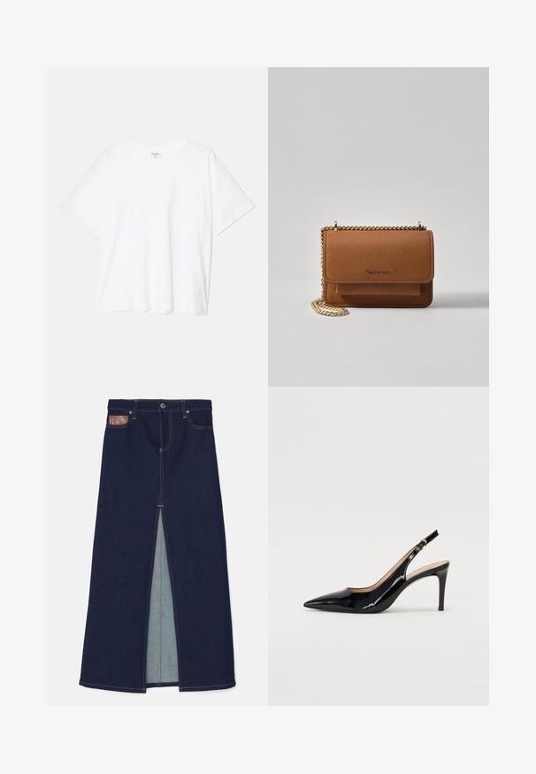 Fehér pamut póló rövid ujjal, kerek nyakkivágással, laza fazonnal és varrott szegéllyel. Címke látható a belső nyakrészén.; Sötét kék farmer szoknya elöl vágott résszel, kontrasztos sárga varrással és egy barna bőrcímkével a derékrészi zsebben.; Fekete lakk bőr kötött magassarkú cipő, hegyes orral és karcsú sarokkal, finom kivágásos dizájnnal. Az övön arany csatt található.; Barna textúrájú bőr keresztbody táska arany lánc pánttal és fedélzárral. Az elején logó részlet és egy zseb található a fedél alatt.