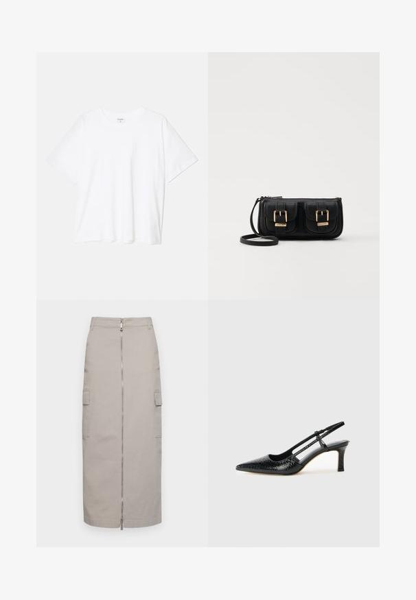 Biała bawełniana koszulka z krótkim rękawem, okrągłym dekoltem, luźnym krojem i przeszytym brzegiem. Metka widoczna wewnątrz dekoltu.; Spódnica do kolan w kolorze szarym, wykonana z bawełny, z przednim zamkiem błyskawicznym i dwoma bocznymi kieszeniami, o prostym kroju i czystych liniach.; Czarne lakierowane czółenka na obcasie typu slingback z wąskim noskiem, z teksturowanym wzorem wężowym, regulowanym paskiem oraz krótkim, teksturowanym obcasem w kształcie słupka.; Czarna skórzana torba na ramię z dwoma przednimi kieszeniami, złotymi klamrami, zamkiem błyskawicznym i cienkim paskiem. Teksturowana powierzchnia i kompaktowy prostokątny kształt.