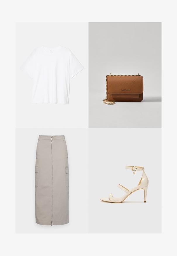 Camiseta de algodón blanca con mangas cortas, escote redondo, corte relajado y dobladillo cosido. Etiqueta visible en el interior del cuello.; Falda gris hasta la rodilla hecha de algodón, con cremallera frontal y dos bolsillos laterales, que presenta un corte recto y líneas limpias.; Sandalias de tacón beige con tira delgada en el tobillo y dos tiras superiores. Acabado de charol brillante y detalle en dorado en la tira del tobillo.; Bolso crossbody de cuero texturizado marrón con correa de cadena dorada y cierre de solapa. La parte frontal presenta un detalle de logo y un bolsillo debajo de la solapa.