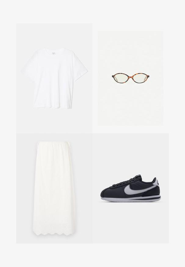 Fehér pamut póló rövid ujjal, kerek nyakkivágással, laza fazonnal és varrott szegéllyel. Címke látható a belső nyakrészén.; DESIGNERS REMIX LUNA MAXI SKIRT - Maxiszoknya - cream; Fekete sportcipő szürke díszítéssel, sima szintetikus felsőrésszel, texturált talppal, kerek orral és lapos fűzőkkel. Klasszikus dizájn logó részlettel.; Tortábar színű szemüveg ovális lencsékkel és sima, elegáns felülettel. Vékony szárakkal rendelkezik, amelyeken finom ív található a halántéknál. Átlátszó lencsék.