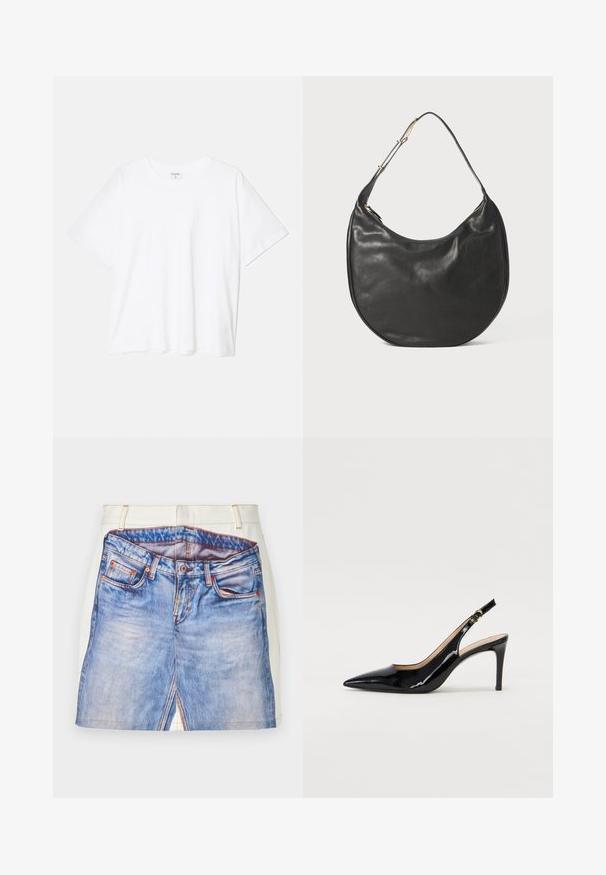 Bílý bavlněný tričko s krátkým rukávem, kulatým výstřihem, volným střihem a šitým lemem. Nálepka viditelná na vnitřní straně výstřihu.; Kratká džínová sukně s potiskem modrého džínového vzoru, s bílým pasem, oranžovým prošíváním a bočními rozparky.; Černé lakované slingback lodičky s špičatou špičkou, úzkým podpatkem a jemným výřezem. Obsahují zlatou sponu na řemínku.; Černá kožená hobo taška s hladkým povrchem, půlměsícovým tvarem a nastavitelným popruhem. Obsahuje zlatý zip a minimalistický design.