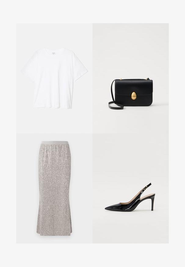 Balta medvilnės marškinėliai trumpomis rankovėmis, apvalia iškirpte, laisvo kirpimo ir su siūtu kraštu. Etiketė matoma vidinėje iškirptės pusėje.; Kelių ilgio sidabrinė sijonas su blizgučiais, turintis prigludusią juosmenį, su vertikaliomis blizgiomis raštais ir šoninėmis angomis patogumui judėti.; Juodas lakinės odos slingback batelis su smailiu nosiu, plonu kulnu ir subtiliu išpjovos dizainu. Yra auksinė sagtis ant dirželio.; Juodas odinis rankinukas su struktūrine stačiakampio forma. Yra auksinė ovali sagtis ir plona petneša. Glotni tekstūra.