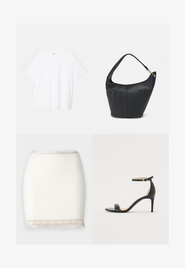 Camiseta de algodón blanca con mangas cortas, escote redondo, corte relajado y dobladillo cosido. Etiqueta visible en el interior del cuello.; Falda blanca acanalada con forma ajustada y detalles de flecos en el dobladillo. Presenta un acento de color beige claro con un patrón. Textura suave.; Sándalo de tacón alto de piel negra con tiras en el tobillo. Presenta una textura suave, puntera abierta y un tacón delgado. Detalles de hebilla en tono dorado.; Bolso de cuero negro con forma redondeada, un strap ancho y un acabado texturizado. Presenta un sutil detalle de costura y un acento de hardware en tono dorado.