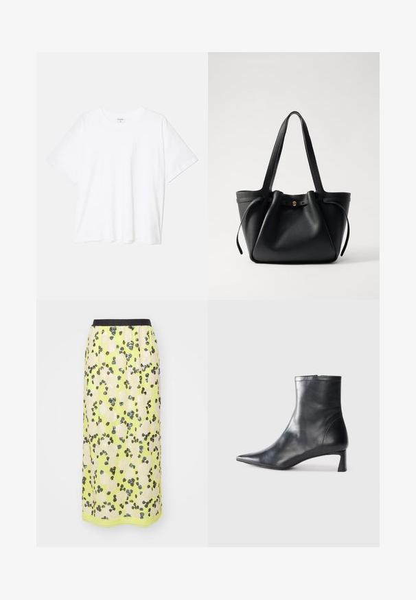 Fehér pamut póló rövid ujjal, kerek nyakkivágással, laza fazonnal és varrott szegéllyel. Címke látható a belső nyakrészén.; MUNTHE OMI - Ceruzaszoknya - lemon; Fekete bőr bokacsizma hegyes orral és letisztult dizájnnal. Alacsony sarka és hátsó cipzáras záródása van. Simának tűnő textúra.; Fekete bőrtáska két hosszú pánttal, összehúzott tetejével és arany kör alakú díszítéssel. Sima felület, minimalista design.