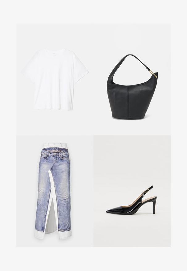 Witte katoenen t-shirt met korte mouwen, ronde halslijn, comfortabele pasvorm en gestikte zoom. Etiket zichtbaar aan de binnenzijde van de hals.; Denimrok met een fotoprint van spijkerbroeken op witte stof. Beschikt over een standaard tailleband, een zijslit en gedetailleerde stiksels op de zakken.; Zwarte gepatineerde leren slingback pump met een puntige neus, slanke hak en een subtiel uitgesneden ontwerp. Bevat een gouden gesp op de band.; Zwarte leren handtas met een ronde vorm, een brede schouderriem en een gestructureerde afwerking. Bevat subtiele naaddetails en een gouden hardwareaccent.