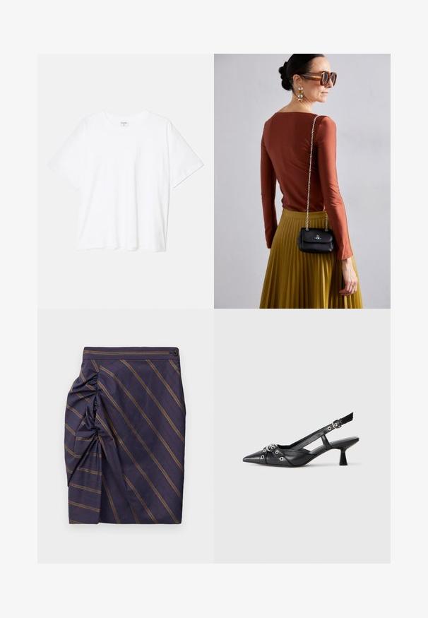 Balta medvilnės marškinėliai trumpomis rankovėmis, apvalia iškirpte, laisvo kirpimo ir su siūtu kraštu. Etiketė matoma vidinėje iškirptės pusėje.; Susigusi tamsiai mėlyna sijonas su įstrižomis auksinėmis juostelėmis. Jis turi sus gatherinimo dizainą vienoje pusėje ir juosmens juostelę su sagų detale.; Juodas odinis slingback tipo batai su smailiu priekiniu atvartu, dekoratyvinėmis sagtimis su metaliniais akyčiais ir žemu blokiniu kulnu. Saldus paviršius.; Vivienne Westwood SMALL PURSE CHAIN - Rankinė per petį - black