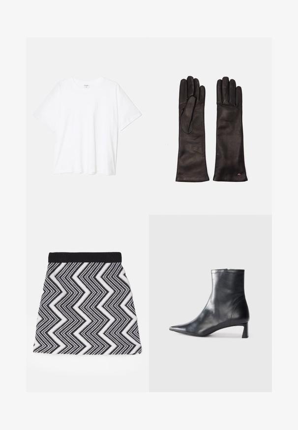 Fehér pamut póló rövid ujjal, kerek nyakkivágással, laza fazonnal és varrott szegéllyel. Címke látható a belső nyakrészén.; Fekete-fehér cikk-cakk mintás szoknya, bordázott fekete derékrésszel, puha, texturált anyagból.; Fekete bőr bokacsizma hegyes orral és letisztult dizájnnal. Alacsony sarka és hátsó cipzáras záródása van. Simának tűnő textúra.; Weekend Max Mara SENAPE - Kesztyűk - nero