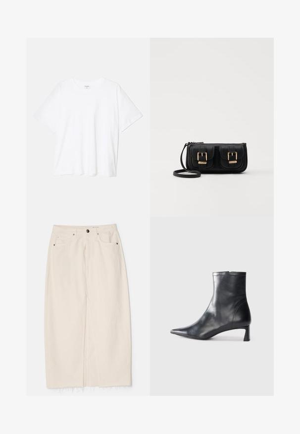 T-shirt en coton blanc avec des manches courtes, un col rond, une coupe décontractée et un ourlet cousu. Étiquette visible à l'intérieur du col.; rag & bone AVERY SKIRT - Jupe en jean - ecru; Bottine en cuir noir avec un bout pointu et un design épuré. Présente un petit talon et une fermeture éclair à l'arrière. Texture lisse.; Sac en cuir noir porté en travers avec deux poches avant, boucles dorées, fermeture zippée et une sangle fine. Surface texturée et forme rectangulaire compacte.