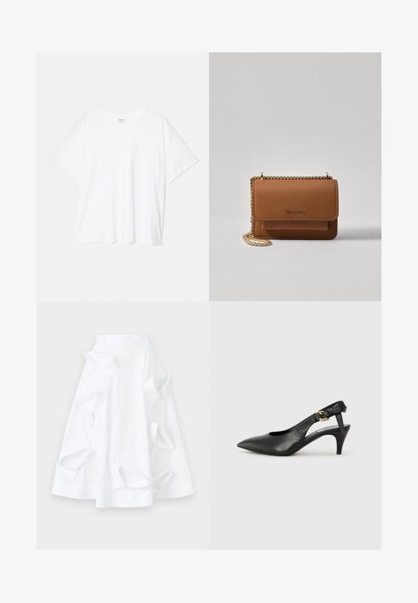 White cotton t-shirt with short sleeves, round neckline, relaxed fit, and stitched hem. Label visible on the inside neck.; White A-line skirt made of cotton, featuring oversized cutout details and a smooth texture. Includes a structured waistband.; Black leather slingback pump with a pointed toe, small heel, and a buckle detail on the ankle strap. Smooth texture, minimalist design.; Brown textured leather crossbody bag with gold chain strap and flap closure. Front features logo detail and a pocket under the flap.