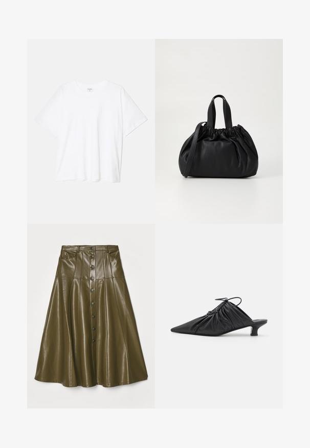 Vit bomull t-shirt med kort ärm, rund halsringning, avslappnad passform och söm i nederkant. Etikett synlig på insidan av halsen.; Cinq à Sept VEENA SKIRT - A-linjekjol - dark olive; Svarta läder slip-on mules med spetsig tå, sammanknipen textur och en liten kitten heel. Har en dragsnörningsdetalj vid öppningen.; Svart läderhandväska med en samlad toppdesign, som har två korta handtag och ett långt justerbart axelband. Slät textur, rund form.