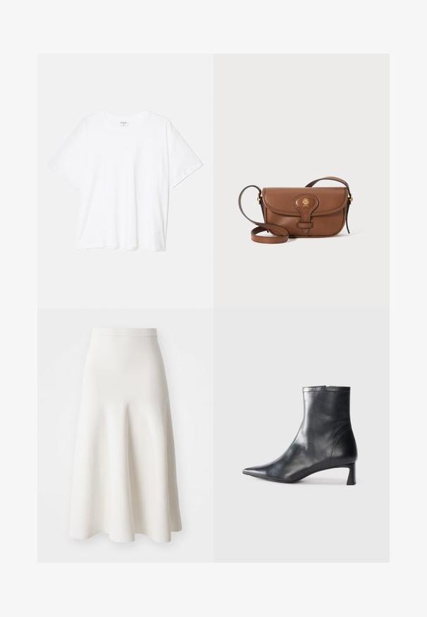 White cotton t-shirt with short sleeves, round neckline, relaxed fit, and stitched hem. Label visible on the inside neck.; A white A-line skirt made from a smooth fabric, featuring a fitted waist and a flared silhouette that falls gently to mid-calf.; Black leather ankle boot with a pointed toe and a sleek design. Features a low heel and a zipper closure at the back. Smooth texture.; Brown leather crossbody bag with a curved flap, gold hardware, and a decorative logo. The strap is adjustable and features a smooth texture.
