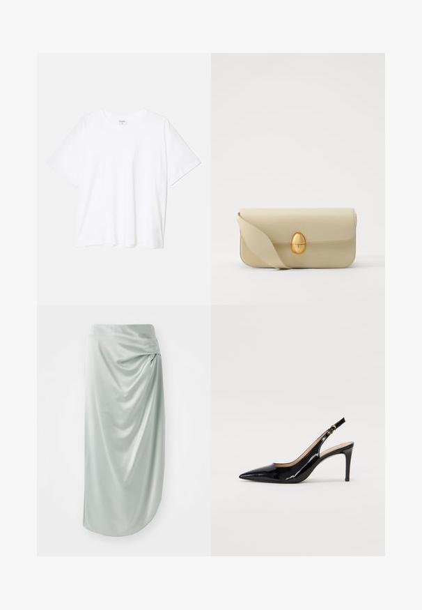 White cotton t-shirt with short sleeves, round neckline, relaxed fit, and stitched hem. Label visible on the inside neck.; Light green satin skirt with draped design, mid-length, smooth texture, featuring a side knot detail for added visual interest.; Black patent leather slingback pump with pointed toe, slim heel, and a subtle cutout design. Features a gold buckle on the strap.; Beige leather handbag with a smooth texture, rectangular shape, and a golden oval clasp. Features a long, adjustable strap.