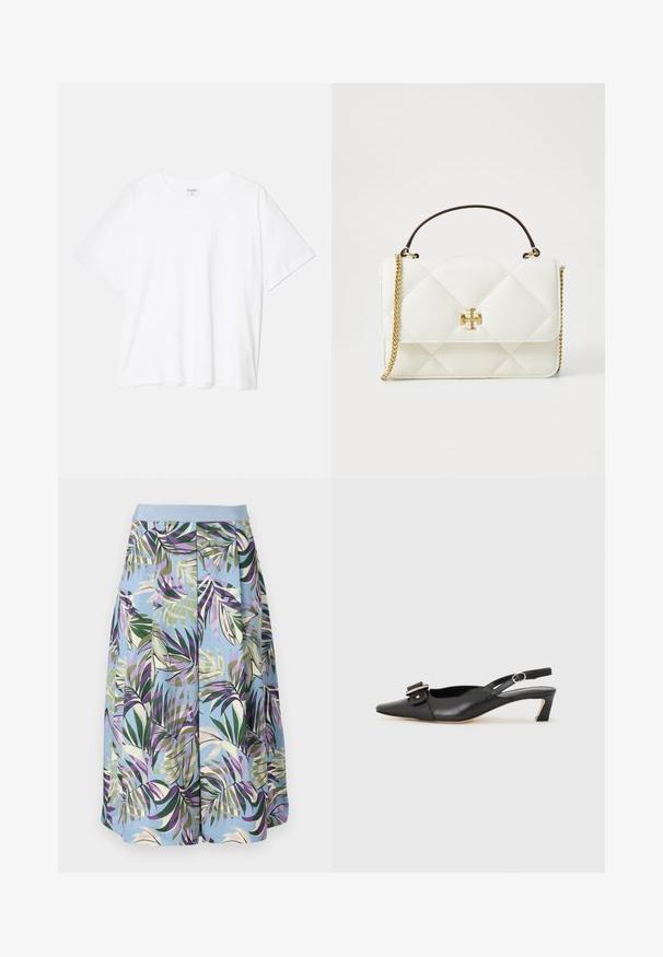 Bílý bavlněný tričko s krátkým rukávem, kulatým výstřihem, volným střihem a šitým lemem. Nálepka viditelná na vnitřní straně výstřihu.; Sukně do délky kolen s modrým podkladem a živým tropickým vzorem listů v zelené, fialové a béžové, doplněná světle modrým páskem.; Černé kožené sandály s úzkou špičkou, malým podpatkem a dekorativní sponou na nártu. Hladký povrch, minimalistický design.; Bílá prošívaná kabelka se zlatými detaily, s řetízkovým popruhem a krátkým uchem. Na přední straně má výrazné dekorativní logo.