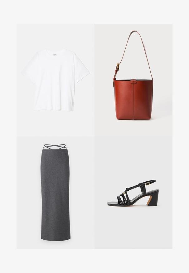 Weißes Baumwoll-T-Shirt mit kurzen Ärmeln, runder Halslinie, lockerer Passform und genähtem Saum. Etikett sichtbar am inneren Kragen.; Grauer Midi-Rock aus weichem, dehnbarem Material. Verfügt über eine gerade Silhouette und Kreuzgurte an der Taille für einen sicheren Sitz.; Paul Smith AMIRA - Pumps - black; Braune Leder-Eimer-Tasche mit verstellbarem Schultergurt und goldfarbener Schnalle, einfache vertikale Nahtdetails auf der Vorderseite.