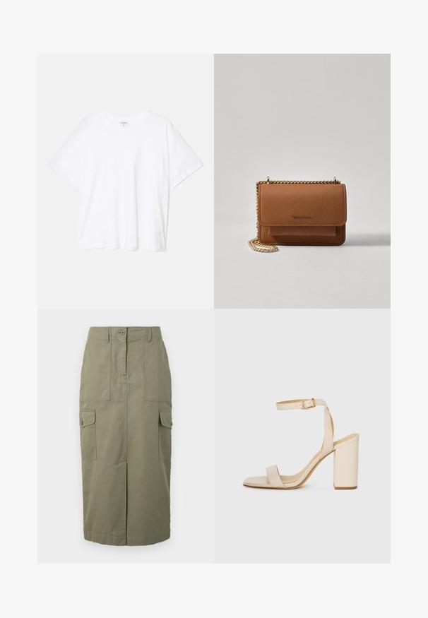 Hvit bomulls t-skjorte med korte ermer, rund hals, avslappet passform og sydd kant. Merke synlig på innsiden av halsen.; Cargo skjørt i olivengrønn, laget av bomullsblanding. Har frontlommer, en rett silhuett og en frontspalte for bedre bevegelse.; Beige høyhælte sandaler med firkantet tå, tynn ankelrem og blokk hæl. Glatt skinntekstur med gullspenne detaljer.; Brun teksturert lær crossover-veske med gullkjede-stropp og klaffelukking. Fronten har logo-detalj og en lomme under klaffen.