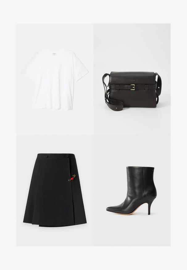 T-shirt bianco in cotone con maniche corte, scollo rotondo, vestibilità comoda e orlo cucito. Etichetta visibile all'interno del colletto.; Gonna nera con un design svasato, caratterizzata da due bottoni frontali e un accento dorato con un dettaglio a cuore rosso sul lato. Tessuto dalla trama liscia.; Stivale alla caviglia in pelle nera con punta affilata, sottile tacco a stiletto e superficie liscia. Design minimalista senza hardware o accenti visibili.; Borsa a tracolla nera in pelle con forma strutturata. Presenta un'accessorio con fibbia dorata, tracolla regolabile e una superficie liscia. Design minimalista.