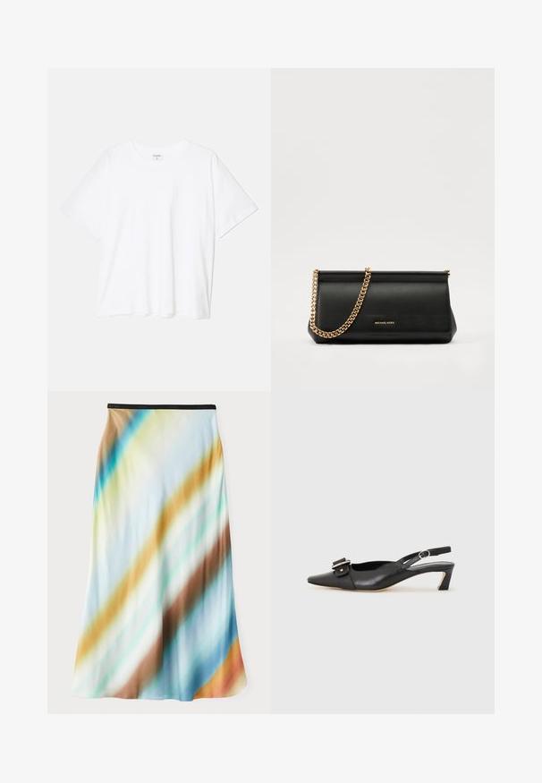 Bílý bavlněný tričko s krátkým rukávem, kulatým výstřihem, volným střihem a šitým lemem. Nálepka viditelná na vnitřní straně výstřihu.; Midi sukně z lehkého, splývavého materiálu. Má gradientní vzor s diagonálními pruhy v modré, hnědé a krémové barvě. Černý pas.; Černé kožené sandály s úzkou špičkou, malým podpatkem a dekorativní sponou na nártu. Hladký povrch, minimalistický design.; Černá kožená psaníčko s zlatým řetízkem, vyznačující se hladkým povrchem, obdélníkovým tvarem a reliéfním logem na přední straně.