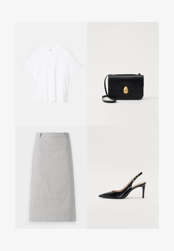 Tricou alb din bumbac, cu mâneci scurte, guler rotund, croi lejer și tiv cusut. Eticheta este vizibilă pe interiorul gulerului.; Fustă gri din creion cu o textură netedă, formă conică și un talie plată, având șanțuri laterale și fără modele sau accente vizibile.; Pantofi slingback din piele patent neagră, cu vârful ascuțit, tocul subțire și un design discret cu decupaj. Se evidențiază printr-un cataramă aurie pe curea.; Geantă de mână din piele neagră, cu o formă rectangulară structurată. Are un capac oval auriu și o curea subțire pentru umăr. Textură netedă.