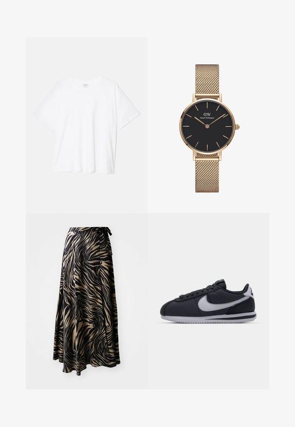 T-shirt en coton blanc avec des manches courtes, un col rond, une coupe décontractée et un ourlet cousu. Étiquette visible à l'intérieur du col.; Jupe portefeuille en imprimé zèbre noir et beige. Fabriquée en tissu léger avec un design fluide, dotée d'une taille à nouer et d'un ourlet asymétrique.; Chaussure de sport noire avec des accents gris, dessus synthétique lisse, semelle texturée, bout arrondi et lacets plats. Design classique avec un détail de logo.; Montre à bracelet en mailles dorées de Daniel Wellington avec un cadran rond noir, des index d'heure dorés et un logo à 12 heures. Design simple et élégant.