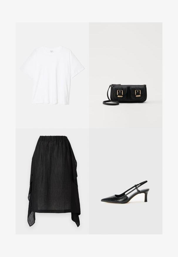 Vit bomull t-shirt med kort ärm, rund halsringning, avslappnad passform och söm i nederkant. Etikett synlig på insidan av halsen.; Henrik Vibskov UNCUT SKIRT - A-linjekjol - black; Svart lackskin slingback-häl med spetsig tå, med texturerad ormskinnsprint, justerbar rem och en kort, texturerad blockklack.; Svart läderaxelväska med två framfickor, guldspännen, dragkedjestängning och en smal rem. Texturerad yta och kompakt rektangulär form.