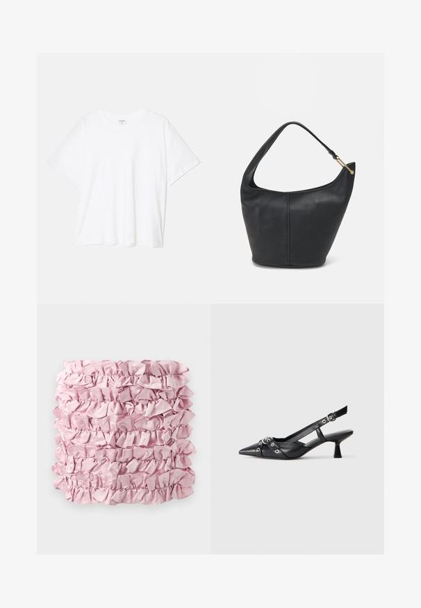 Hvid bomulds-t-shirt med korte ærmer, rund halsudskæring, afslappet pasform og stitched søm. Mærket er synligt indeni halsen.; Lyserød rynket stof med flere lag af blød, satinlignende tekstur og samlede kanter. Rektangulær form med en rig, jævn farve.; Sort lædersandal med spids tå, dekorative stropper med metaløjer og en lav blokhæl. Struktureret overflade.; Sort læderhandtaske med en rund form, bred rem og textured finish. Har en subtil sømdetalje og en hardware i gyldent tone.