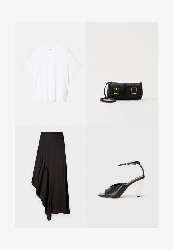Balta medvilnės marškinėliai trumpomis rankovėmis, apvalia iškirpte, laisvo kirpimo ir su siūtu kraštu. Etiketė matoma vidinėje iškirptės pusėje.; AERON ASTER SKIRT - Pieštukinis sijonas - black; Juodos odinės aukštakulnės šlepetės su atvira nosimi, asimetrišku dizainu, kulkšnies dirželiu ir metaliniu kūgio formos kulnu. Visas paviršius lygus.; Juodas odinis per petį nešiojamas krepšys su dviem priekiniais kišenėmis, auksiniais sagtimis, užtrauktuko uždarymu ir siauromis petnešomis. Textūruota paviršius ir kompaktiškas stačiakampis formatas.
