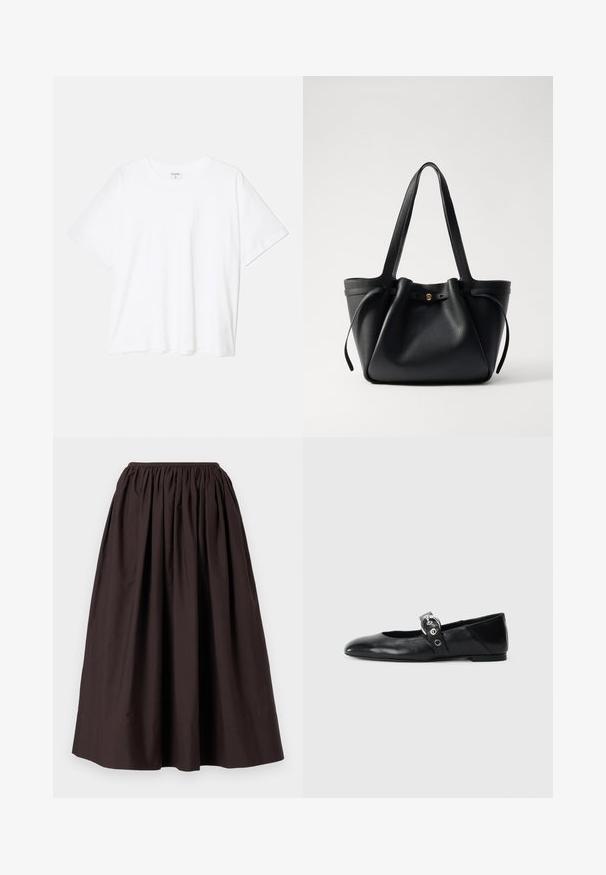 Balta medvilnės marškinėliai trumpomis rankovėmis, apvalia iškirpte, laisvo kirpimo ir su siūtu kraštu. Etiketė matoma vidinėje iškirptės pusėje.; Ruda, iki kulkšnių ilgio suknele, pagaminta iš lengvos medžiagos, su elastinga juosmena ir susiraukšlėjimu, suteikiančiu tūrinį efektą.; Juodų odinių baletinių batelių su smailiu nosiu, su užrišamu dirželiu su apvalia metaline sagtimi ir plokščiu padu.; Juodas odinis rankinis krepšys su dviem ilgom diržais, surišamu viršumi ir auksiniu apvaliu akcentu. Lygus paviršius su minimalistiniu dizainu.