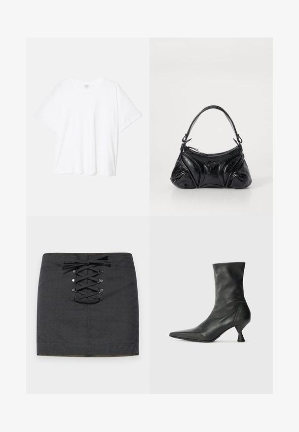 Fehér pamut póló rövid ujjal, kerek nyakkivágással, laza fazonnal és varrott szegéllyel. Címke látható a belső nyakrészén.; Sötét szürke mini szoknya, elülső fűzős részlettel, fémszerelvényekkel. Simogatós textúra, testhezálló forma és közepes magasságú derékpánt.; Fekete bőr bokacsizma hegyes orral, texturált orrborítással és karcsú, kúp alakú sarokkal. Simára kidolgozott felület, diszkrét varrás részletekkel.; Fekete, textúrált bőrből készült kézitáska, kerekded formával. Vékony vállpánttal és díszes embosszas mintákkal rendelkezik.