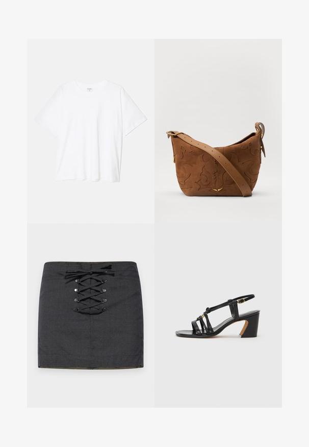 Witte katoenen t-shirt met korte mouwen, ronde halslijn, comfortabele pasvorm en gestikte zoom. Etiket zichtbaar aan de binnenzijde van de hals.; Donkergrijze mini-rok met een opvallende veterdetail aan de voorkant en metalen hardware. Glad textuur, slank model en middelhoge tailleband.; Paul Smith AMIRA - Klassieke pumps - black; Bruine suède schoudertas met een geperst bloemmotief, aangevuld met een gladde bruin leren schouderband en accenten in goudkleurig metaal.