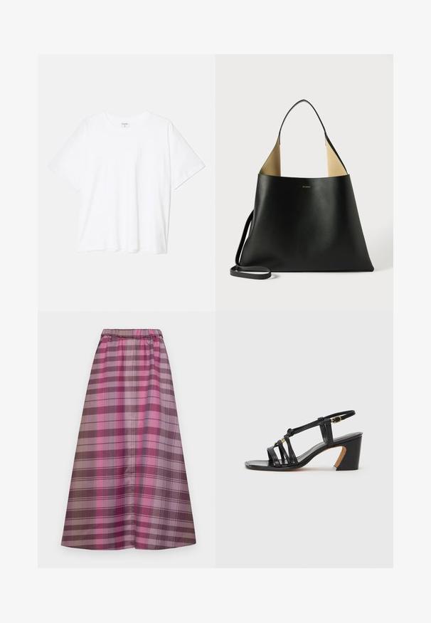 T-shirt bianco in cotone con maniche corte, scollo rotondo, vestibilità comoda e orlo cucito. Etichetta visibile all'interno del colletto.; Gonna a plaid lunga con diverse tonalità di rosa, viola e marrone. Realizzata in tessuto morbido con vita elastica per il massimo comfort.; Paul Smith AMIRA - Decolleté - black; Borsa tote in pelle nera con un design spazioso e angolare. Presenta un interno in contrasto di color cammello e una sottile tracolla. Branding minimalista visibile.