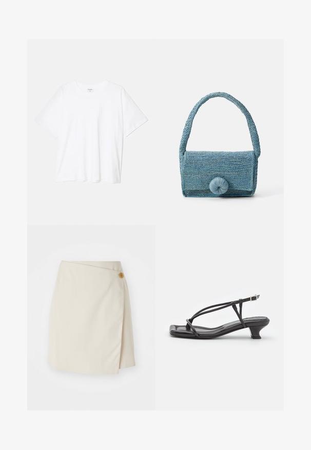 White cotton t-shirt with short sleeves, round neckline, relaxed fit, and stitched hem. Label visible on the inside neck.; Beige wrap skirt featuring a side button closure, solid fabric, clean lines, and a smooth texture, designed for a fitted silhouette.; Black leather sandal with thin straps, low block heel, and square toe. Features a buckle closure and smooth texture.; Woven blue handbag with a textured surface, rectangular shape, short handle, and a large round closure detail on the front.