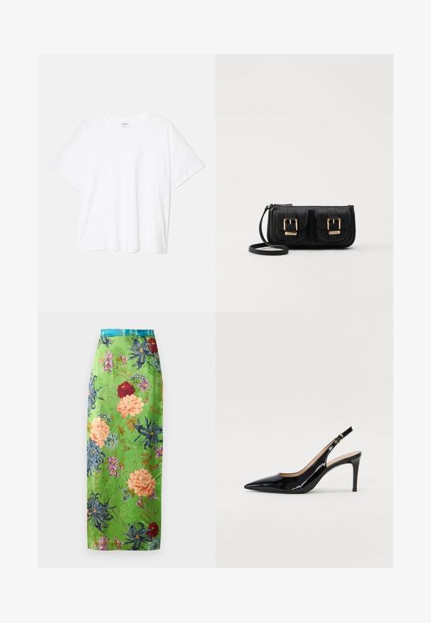 Weißes Baumwoll-T-Shirt mit kurzen Ärmeln, runder Halslinie, lockerer Passform und genähtem Saum. Etikett sichtbar am inneren Kragen.; Blumiges Midikleid aus grüner Satin, verziert mit bunten Blüten in Pink, Blau und Rot. Abgerundet mit einem türkisfarbenen Bund und komplizierten Mustern.; Schwarz lackierte Slingback-Pumps mit spitzem Zehenbereich, schlankem Absatz und einem subtilen Ausschnittdesign. Verfügt über eine goldene Schnalle am Riemen.; Schwarze Leder-Umhängetasche mit zwei vorderen Taschen, goldenen Schnallen, Reißverschluss und einem schmalen Tragegurt. Texturierte Oberfläche und kompakte rechteckige Form.