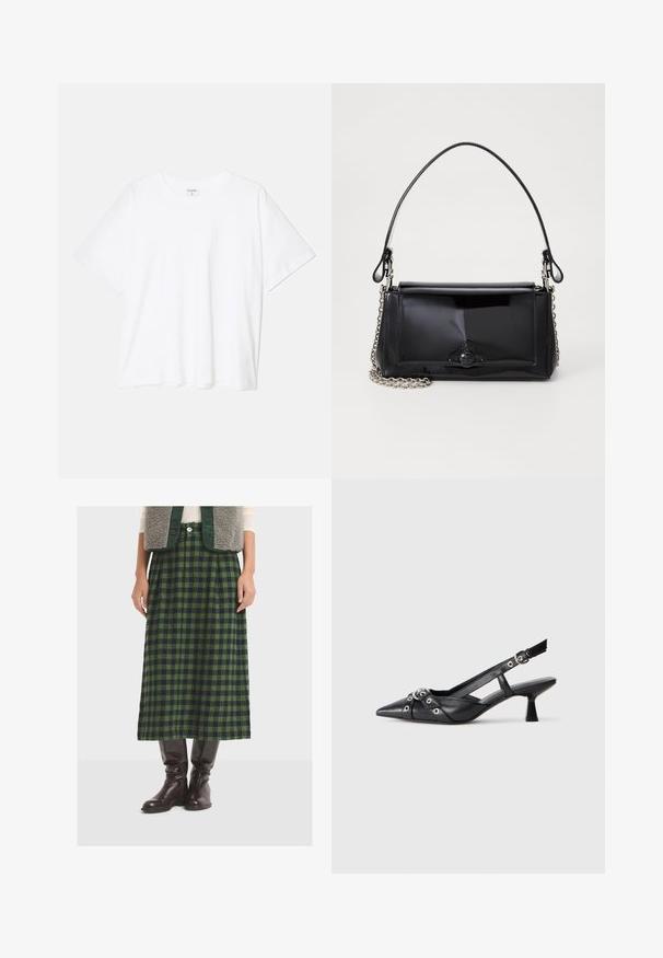 Hvid bomulds-t-shirt med korte ærmer, rund halsudskæring, afslappet pasform og stitched søm. Mærket er synligt indeni halsen.; Grøn- og marineblå ternet midi-nederdel lavet af tekstureret stof, med plisseringer og lige snit, parret med knæhøje brune læderstøvler.; Sort lædersandal med spids tå, dekorative stropper med metaløjer og en lav blokhæl. Struktureret overflade.; Sort patenteret læder håndtaske med rektangulær form, kædestrop, og et særpræget hardwaredetalje i midten. Glat tekstur.