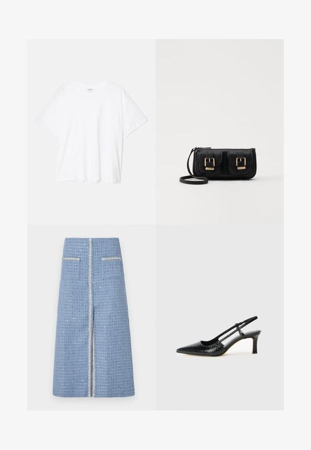 Tricou alb din bumbac, cu mâneci scurte, guler rotund, croi lejer și tiv cusut. Eticheta este vizibilă pe interiorul gulerului.; Fustă bleumarin țesută cu un finisaj texturat, având două buzunare frontale și trimuri argintii pe mijloc și pe marginile buzunarelor.; Pantofi cu toc slingback negri din patent, cu vârf ascuțit, cu imprimeu de șarpe texturat, curea ajustabilă și toc scurt texturat.; Geantă neagră din piele, tip crossbody, cu două buzunare frontale, catarame aurii, închidere cu fermoar și o curea subțire. Suprafață texturată și formă rectangulară compactă.