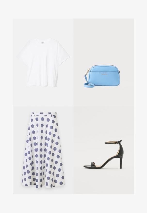 Bijela pamučna majica s kratkim rukavima, okruglim izrezom, opuštenim krojem i šivenim rubom. Etiketa je vidljiva na unutarnjoj strani vrata.; Suknja do koljena, bijela, s razvedenim dizajnom, koju krase velike tamnoplave točke. Ima glatku teksturu i nabore.; Crne kožne sandale na visokom potpeticu s remenom oko gležnja. Imaju glatku teksturu, otvoreni prst i tanku potpeticu. Detalj s kopčom u zlatnoj boji.; Svijetloplava kožna torba preko tijela s zlatnim detaljima, zatvaranjem na zip i prednjim džepom. Ima podesivu naramenicu za praktičnost.