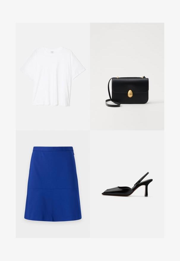 Valkoinen puuvillapaita lyhyillä hihoilla, pyöreällä pääntiellä, rentoa tyyliä ja ommeltu helma. Tunniste näkyvissä sisäkauluksessa.; Sininen hame, joka on valmistettu sileästä kankaasta, jossa on selkeä vyötärönauha ja yksinkertainen, liehuva muotoilu ilman koristeita tai kuvioita.; Mustasilkki slingback-korkokengät, joissa on terävä kärki, minimalistinen muotoilu, ohut nilkkaremmi ja tyylikäs stiletto-korko. Silkkinen pinta.; Musta nahkakäekott struktureeritud ristküliku kujuga. Varustatud kuldse ovaalse lukuga ja õhukese õlalindiga. Sile tekstuur.