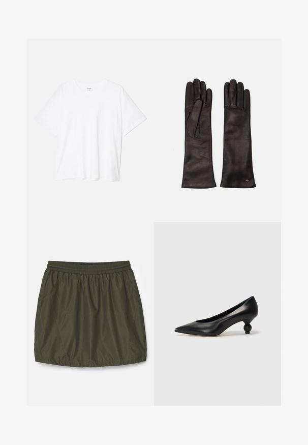 T-shirt bianco in cotone con maniche corte, scollo rotondo, vestibilità comoda e orlo cucito. Etichetta visibile all'interno del colletto.; Gonna leggera color verde oliva con vita elastica, texture arricciata, tasche laterali e dettagli cuciti.; Scarpa con tacco alto in pelle nera, con punta affilata e tacco arrotondato e bombato. Texture liscia con un design elegante e minimalista.; Weekend Max Mara SENAPE - Guanti - nero