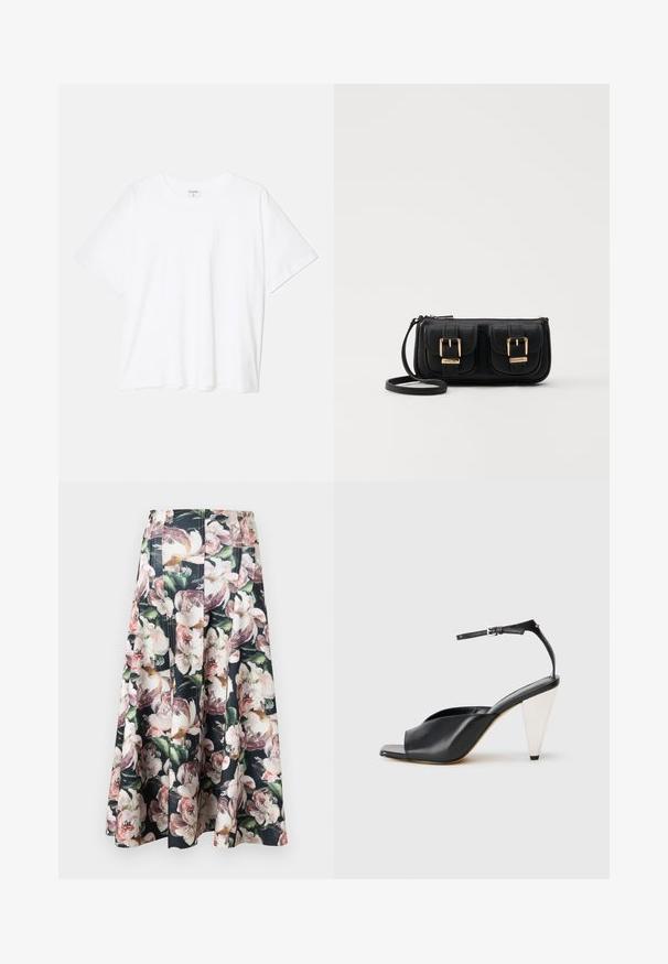 Fehér pamut póló rövid ujjal, kerek nyakkivágással, laza fazonnal és varrott szegéllyel. Címke látható a belső nyakrészén.; Virágmintás midi szoknya, fekete háttérrel, nagy, színes pünkösdi rózsákkal. Redőzött kialakítás és sima textúrájú szegély.; Fekete bőr magassarkú szandál nyitott orral, aszimmetrikus dizájnnal, bokapánttal és fémes kúpos sarokkal. Az anyag sima textúrájú.; Fekete bőr keresztbody táska két elülső zsebbel, arany csattokkal, cipzáras záródással és vékony pánttal. Textúrált felület és kompakt téglalap alak.