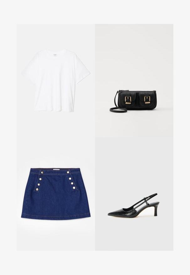 Biely bavlnený tričko s krátkymi rukávmi, okrúhlym výstrihom, voľným strihom a prešitým lemom. Štítok viditeľný na vnútornom krku.; FRAME SAILOR SNAP SKIRT - Denimová sukňa - celestine; Čierne patentové slingback topánky na ihlovom podpätku s špicatou špičkou, s textúrovaným hadím vzorom, nastaviteľným popruhom a krátkym, textúrovaným blokovým podpätkom.; Čierna kožená crossbody taška s dvoma prednými vreckami, zlatými sponami, zipsovým uzatváraním a úzkym popruhom. Štruktúrovaný povrch a kompaktný obdĺžnikový tvar.