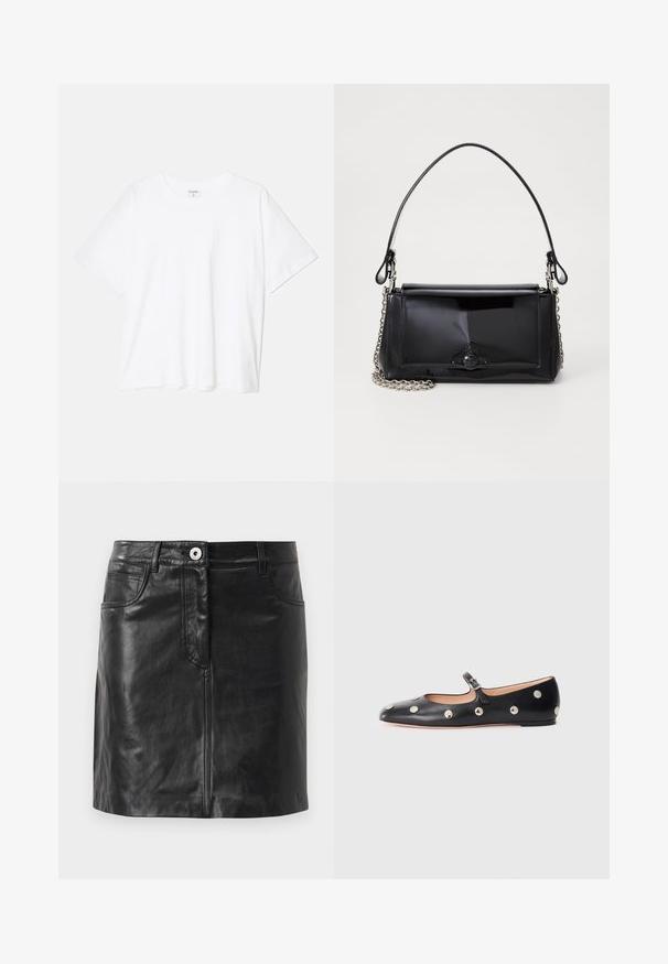 Valge puuvillane T-särk lühikeste varrukatega, ümmargune kaelus, mugav lõige ja õmmeldud serv. Silt nähtav kaela seest.; Weekend Max Mara HULL - Pliiatsseelik - nero; Must naar mustast valmistatud Mary Jane lamedad jalanõud, ümarate varvastega, hõbedaste ümmarguste nupukestega ja reguleeritava rihmaga, millel on klamber.; Mustmust mustkott mustmust mustkott, millel on ristkülikukujuline kuju, kettstrap ja silmapaistev viimistlusaktsent keskel. Sile tekstuur.