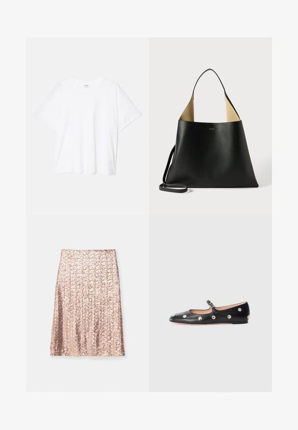 Vit bomull t-shirt med kort ärm, rund halsringning, avslappnad passform och söm i nederkant. Etikett synlig på insidan av halsen.; Baum und Pferdgarten JOLETTE - A-linjekjol - cafe creme; Svart läder Mary Jane lägenhetssko med rund tå, prydd med silverfärgade cirkulära nitar och ett justerbart band med spänne.; Svart läder tote väska med en rymlig, vinklad design. Har en kontrasterande tan interiör och en tunn axelrem. Minimalistisk märkning syns.